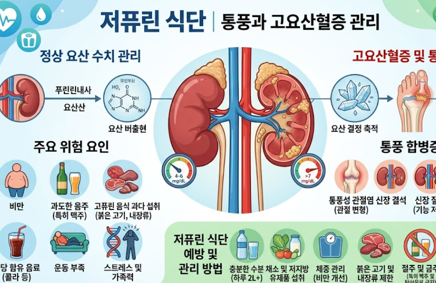 통풍 낮추는 법에 효과적인 저퓨린 식단과 수분 섭취 가이드 이미지